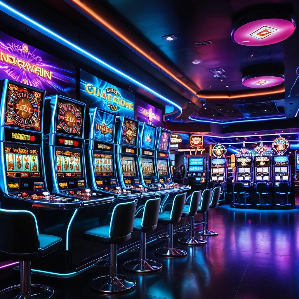 A dynamic scene of a virtual casino with neon lights, showcasing players joyfully engaged at slot machines and poker tables. Include a dazzling array of chips and cards flying in the air, symbolizing excitement and high stakes. The atmosphere should be filled with vibrant colors and energy, with a futuristic twist like holographic displays. super-realistic. vibrant colors. cyberpunk.